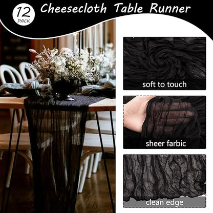 12 Pack 10Ft Cheesecloth Table Runner 35x120 Inch Boho Gauze Table Runner Rustic Cheese Cloth Long Romantic Table Runners for Wedding Bridal Shower Birthday Party Table Decor (Black)
