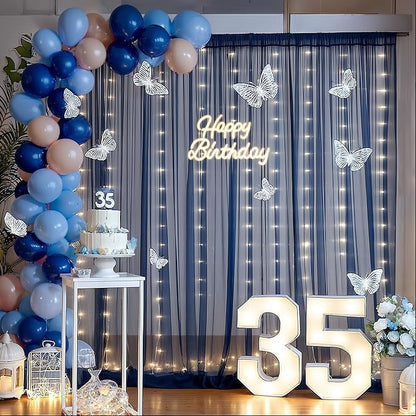 10x10ft Navy Blue Tulle Backdrop Curtain with Lights String for Parites, Sheer Backdrop Curtains for Wedding Baby Shower Birthday Party Photo Shoot Decorations