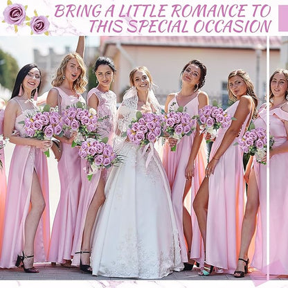 Zeyune 12 Pack Wedding Bridesmaids Bouquets 7 Inch Artificial Rose Bouquets Silk Flowers with Stems Fake Floral Bundles Bulk for Wedding Bridal Shower Party Centerpieces Home Decor(Purple)