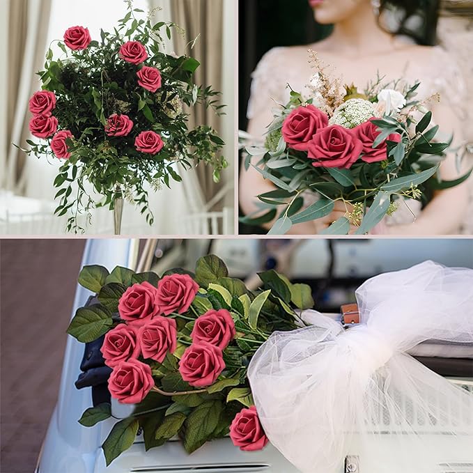 Artificial Flowers 50PCS Burgundy Roses Real Looking Foam Fake Roses with Leaves and for DIY Wedding Bouquets Bridal Shower Centerpieces Party Decorations (Burgundy)
