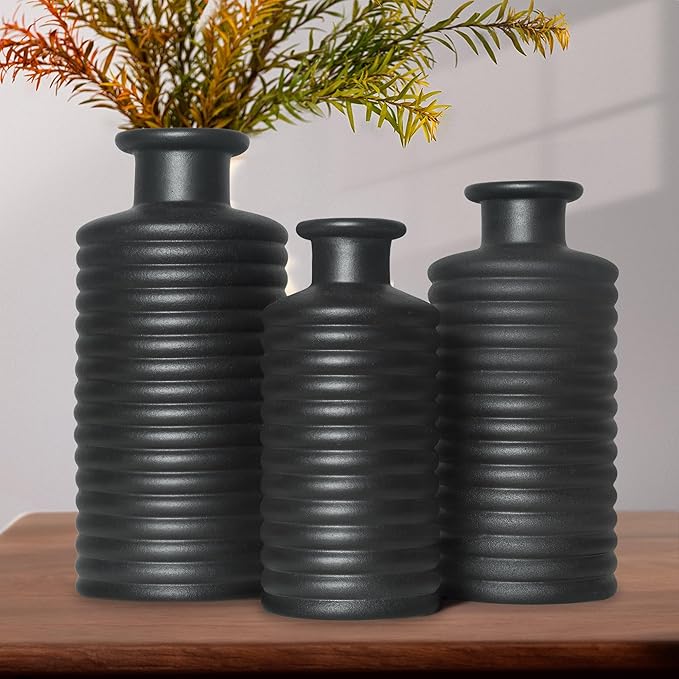 Black Ceramic Vases for Home Decor, Modern Farmhouse Frosted Semi Matte Textured Decorative Vase Set, Unique Vase for Entryway, Coffee Table, Shelf, Small Pampas Grass and Flowers