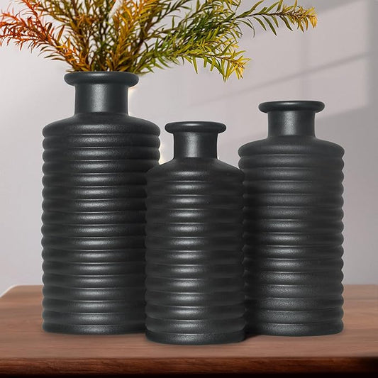 Black Ceramic Vases for Home Decor, Modern Farmhouse Frosted Semi Matte Textured Decorative Vase Set, Unique Vase for Entryway, Coffee Table, Shelf, Small Pampas Grass and Flowers
