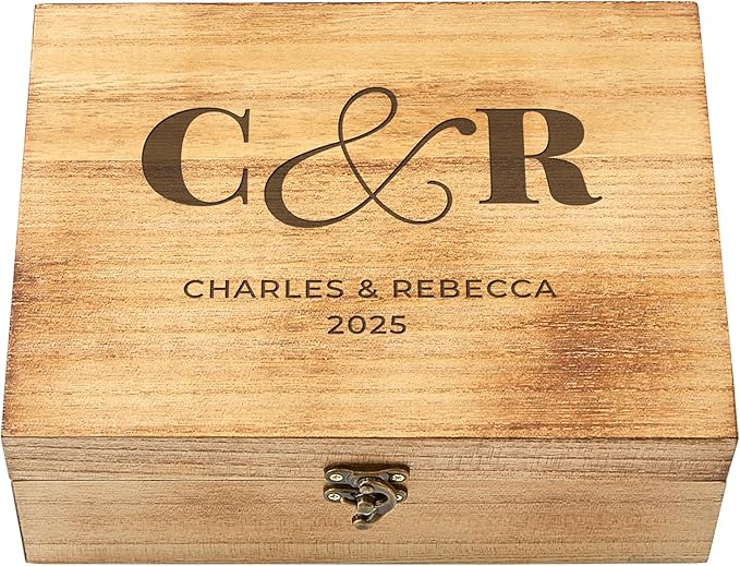 Let's Make Memories Personalized Wooden Keepsake Box With Hinged Lid - Wood Memento Box - Decorative Storage - Home Decor - For Couples, Wedding, Newlyweds - Laser Engraved - Initials & Message