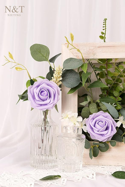 N&T NIETING Artificial Flowers 50Pcs Fake Foam Rose Purple Flowers with Stems Lavender for DIY Wedding Bridesmaid Bridal Bouquets Centerpieces Party Home Decoration(Series Purple)