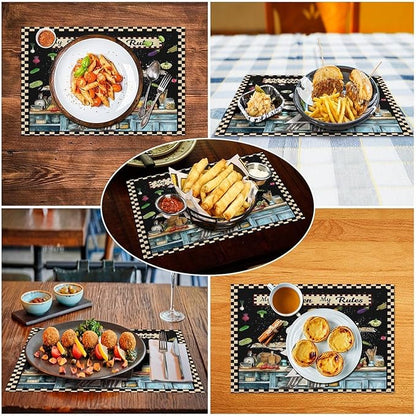 Gourmet Chef Placemats Vintage Rustic Plaid Cutlery Knives Cooking Vegetables Fruits Kitchen Utensils ation Placemats Table Kitchen Dining Party 12x18 Inch Set of 6