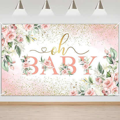 Mocsicka Oh Baby Backdrop Banner Girl Baby Shower Background Pink Floral Oh Baby Baby Shower Party Decorations Photo Booth Props (Pink, 6x3.6ft)