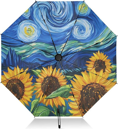 Automatic Folding Umbrella Windproof Strong, UV Protection Compact Floral Hydrangea Hummingbird Sun Rain Sun Rain Travel Umbrellas for Women Men