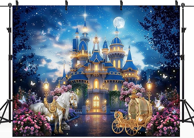 Riyidecor Princess Castle Backdrop Vinyl Fairy Tale Garden Floral Starry Night Moon Horse Carriage 10Wx8H Feet Butterfly Wonderland Photography Background Birthday Baby Shower Photo Studio Shoot