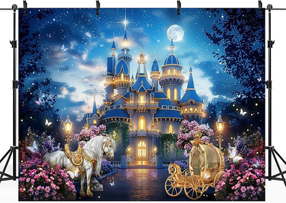 Riyidecor Princess Castle Backdrop Vinyl Fairy Tale Garden Floral Starry Night Moon Horse Carriage 10Wx8H Feet Butterfly Wonderland Photography Background Birthday Baby Shower Photo Studio Shoot