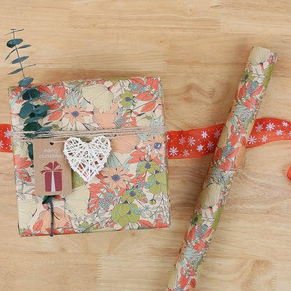 Aimyoo Kraft Floral Wrapping Paper Roll, All Occasion Vintage Flower Gift Wrap for Wedding Birthday Bridal Shower, 17 inch x 10 ft