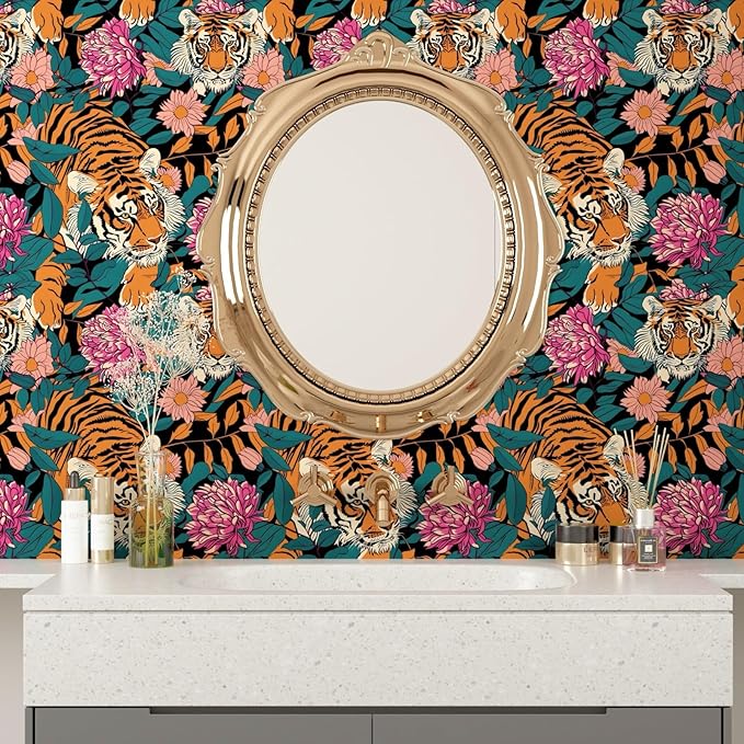 Tiger Stick and Peel Wallpaper Vintage Floral Contact Paper Retro Boho Leaf Wall Paper Removable Renter Friendly Wall Decor for Bathroom Backsplash Drawer Cabinet 17.5 x 393.5In