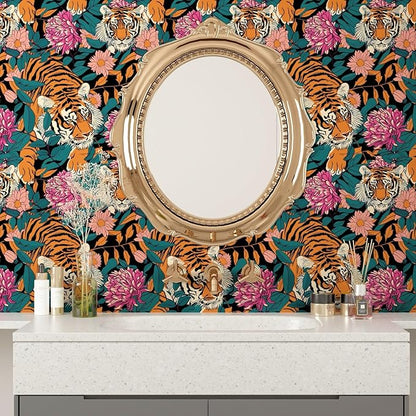Tiger Wallpaper Peel and Stick Vintage Floral Contact Paper Retro Boho Leaf Wall Paper Removable Waterproof Renter Friendly Wall Decor for Bedroom Countertop Desk Cabinet 17.5 x 118In