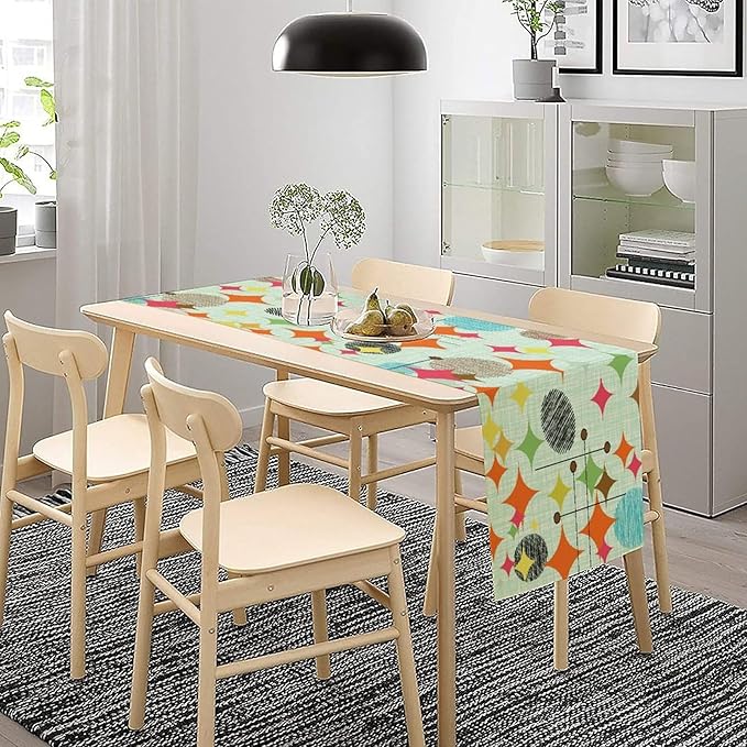 Mid Century Table Runner,Abstract Retro Modern Geometric Colorful Stripe Pattern Print Tablecloth Burlap for Hotel Indoors Outdoor Dining Room Kitchen Holiday Party, 13x60in