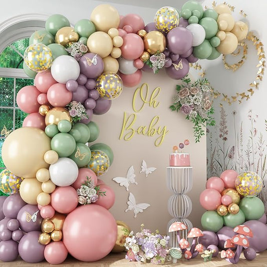 Dusty Green Purple Pink Balloon Arch Kit, Fairy Wildflower Balloon Garland Sage Green Blush Pink Lavender Purple Gold Balloons for Flower Floral Wonderland Baby Shower Wedding Birthday Party Decor