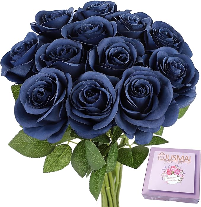 12pcs Roses Artificial Flowers Navy Blue Fake Roses Flowers with Long Stems Silk Flowers for Wedding Bouquet Centerpices Decorations Party Bridal Baby Shower Home Decor