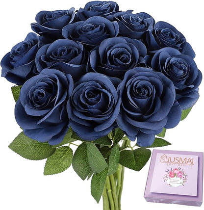 12pcs Roses Artificial Flowers Navy Blue Fake Roses Flowers with Long Stems Silk Flowers for Wedding Bouquet Centerpices Decorations Party Bridal Baby Shower Home Decor