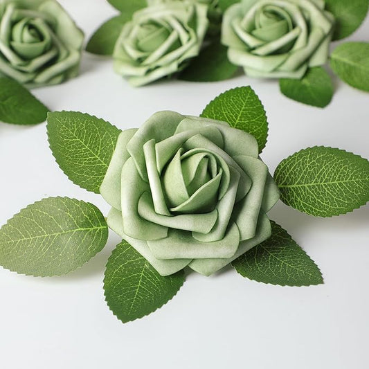 Mocoosy 50Pcs Rose Artificial Flowers, Sage Green Fake Roses for Decorations, Real Touch Foam Roses Bulk with Stems DIY Wedding Bouquets Elf Green Floral Arrangements Bridal Shower Party Home Decor