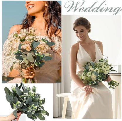Janinka 100 Pcs Mixed Eucalyptus Leaves Stems Bulk Artificial Eucalyptus Leaves with White Seeds Artificial Silver Dollar Sprays Faux Oval for Floral Wreath Bouquets Wedding Greenery Decoration