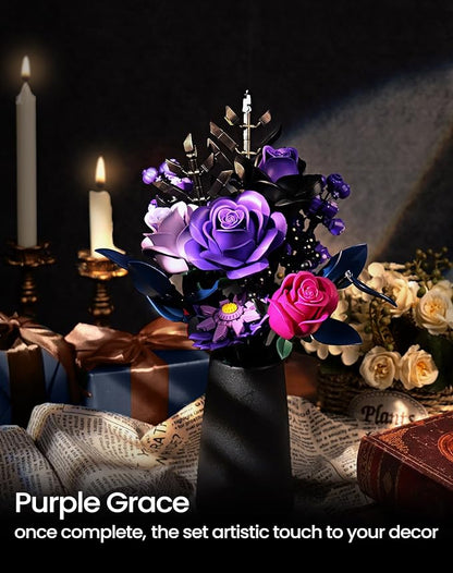 iATOM Flower Bouquet Building Set, Christmas Purple Roses Botanical Collection Kits for Adults Women - Gothic Home Office Table Centerpiece Decor - IA11004