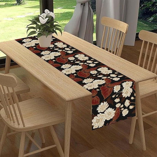 Boho Floral Table Runner, Black White Minimalist Vintage Rustic Flower Botanical Leaf Print Table Center Decor for Family Kitchen Table Decorations Indoor Outdoor 13x90 inch