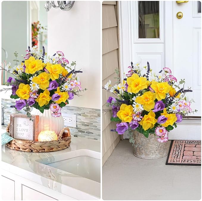 Fake Flowers Outdoor 15.7" Summer Artificial Wildflowers Bouquet Mixed Bush Faux Silk Flowers for Home Planter Porch Garden Cemetery Table Centerpieces Indoor Décor (Daffodils Tulips Daisies)