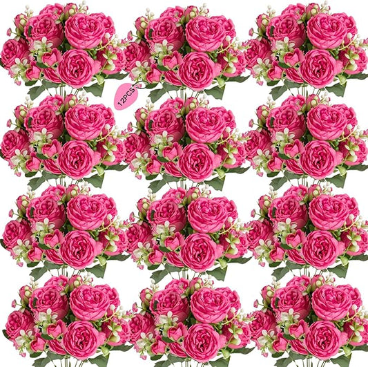 ASTRYAS 12Pcs Peonies Artificial Flowers, Hot Pink Peony Artificial Peonies, Silk Peonies Flowers Fake Peonies Bouquet for Centerpiece Table Wedding Party Home Decor