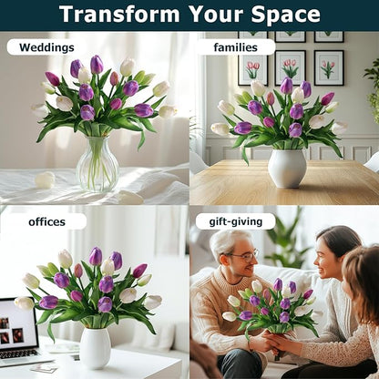 20PCS Fake Tulips Artificial Tulip Silk Flowers Fake PU Bouquet Artificial Flowers Faux Flowers with Gift Box Soft Faux Tulips Bouquets Arrangements for Party Wedding Home