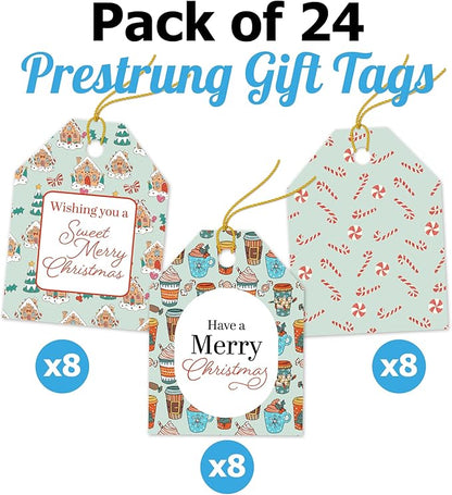 Pro Supply Global 24 Count of 2.5 Inch x 3 Inch Pre Strung Christmas Treats Gift Tag Assorted Printed Designs on Large Cardstock Gift Hang Tags - Ideal to Use on Bags