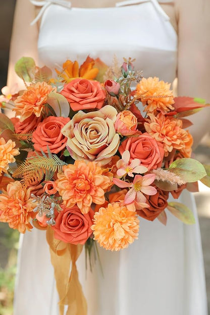 Fall Orange Artificial Flowers Combo Box Set Gradient Color Flower Leaf with Stems for DIY Wedding Bouquets Centerpieces Baby Shower Party Home Decorations