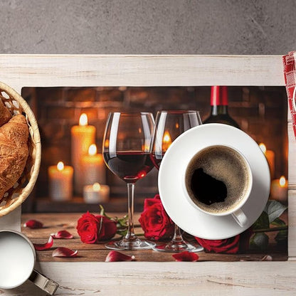 Red Rose Wine Linen Table Placemats Set of 6 Romantic Rose Floral Modern Art Placemat Indoor Outdoor Party Home Desktop Kitchen Dining Room Decoration 12x18 Inch
