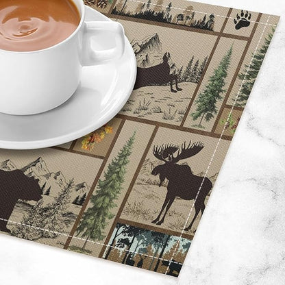 Rustic Cabin Placemats Forest Bear Deer Wildlife Hunting Camping Art Printed Dining Table Mats Set of 4 for Home Kitchen Holiday Picnic Party Decor 12x18in