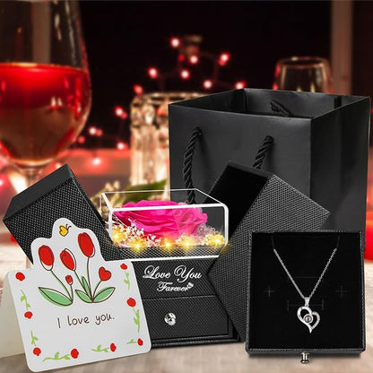 Preserved Dark Pink Real Rose -Eternal Flowers Rose Gifts for Mom Grandma Wife Girlfriend Gifts for Her Christmas Birthday Anniversary with I Love You Necklace