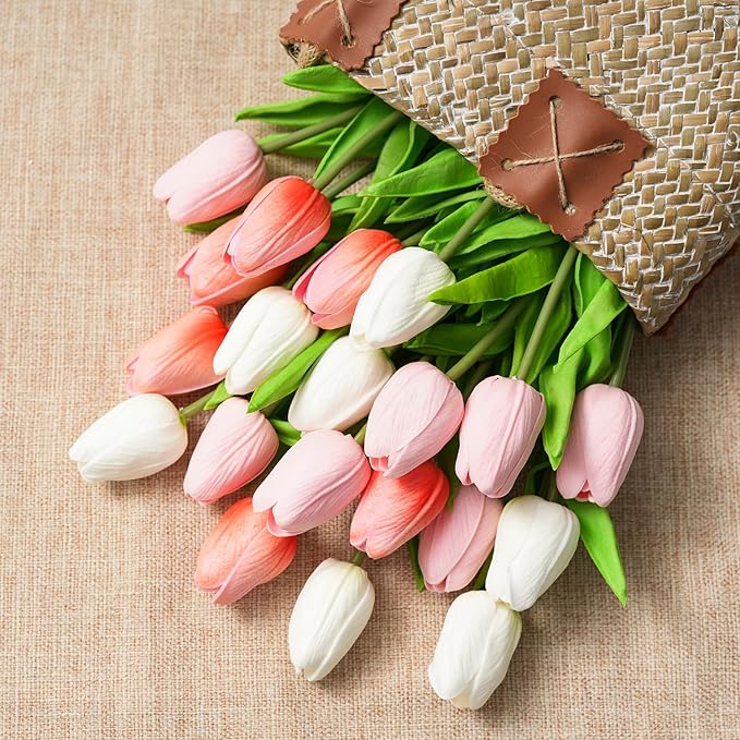 Real Touch Artificial Tulips, 20pcs Fake Tulip Flowers Stem, PU Faux Tulips 13.5” for Mother's Day, Home Decor, Wedding, Easter Valentine's Gift, Table Centerpieces, Pink Series and White