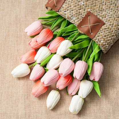 Real Touch Artificial Tulips, 20pcs Fake Tulip Flowers Stem, PU Faux Tulips 13.5” for Mother's Day, Home Decor, Wedding, Easter Valentine's Gift, Table Centerpieces, Pink Series and White