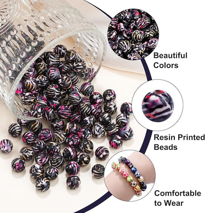 100 PCS 10mm Resin Beads Bulk for Bracelet Making Kit, Leopard Print Round Loose Beads for Jewelry Earring Necklace Rings Art Craft DIY Projects