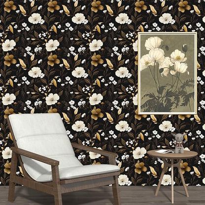 Black Gold Floral Wallpaper Peel and Stick 17.4" X 118" Golden Leaf Small Flower Contact Paper Floral Pattern Removable Self Adhesive Covering for Bedroom Cabinet Bathroom Home Decor Black Dark