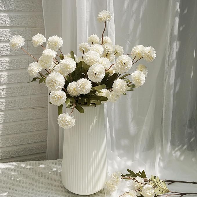Faux Kiku Flower - White 12 Stems Faux Silk Mini Chrysanth with Stems Bulk Pompon Mum Artificial White Flower Ball for Floral Arrangements Silk Flowers for Home Decor Indoor