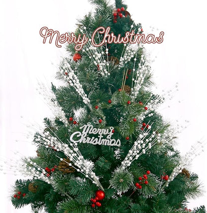 Christmas Artificial Glitter Holly Berry Stem,12Pcs Fake Christmas White Berries Branches Twigs 16 in Holly Berries Stem Picks for Christmas Tree Floral Arrangements Vase Home Decor