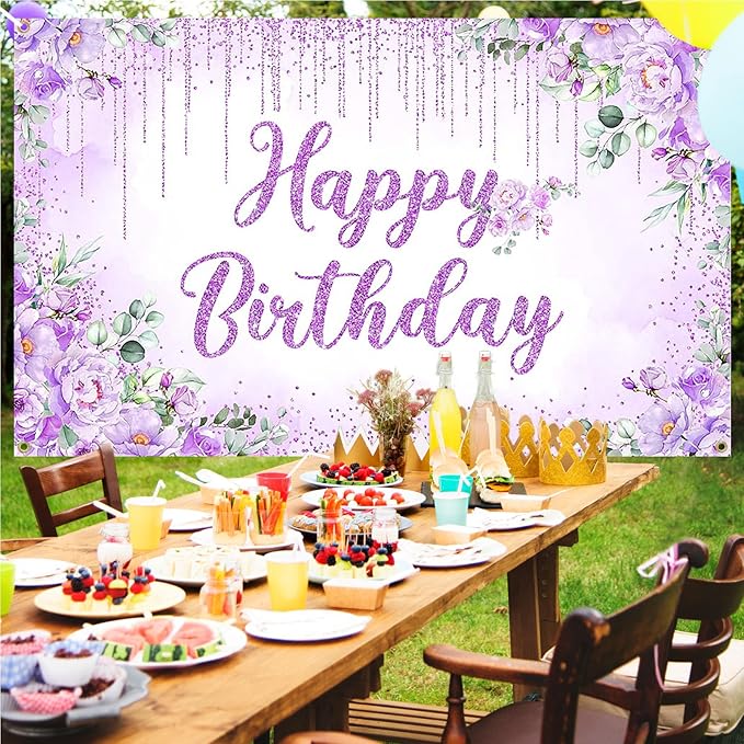 Avezano Happy Birthday Backdrop Banner for Girls Women Happy Birthday Party Decorations Floral Glitters Bday Banner Party Supplies (Purple, 6x3.6ft)
