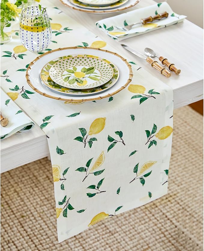 Solino Home Lemon Print Table Runner 48 inch - 100% Pure Linen Table Runner 14 x 48 Inch - Machine Washable - Botanical Lemon/Off White Print