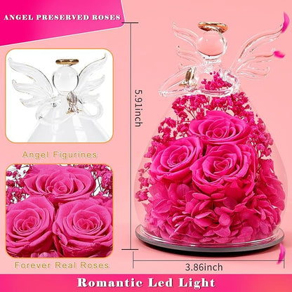 Beferr Christmas Birthday Gifts for Women, Mom Gifts for Christmas Fresh Flowers for Delivery Prime Forever Preserved Rose in Glass Angel Figurine Xmas Gifts for Grandma Wife Sister Her, Rose Red