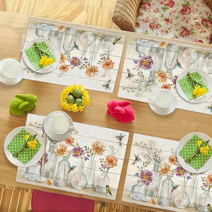 Floral Placemats Set of 6 Flower Hummingbird Table Mats Washable Place Mats for Home Party Indoor Kitchen Dining Table Decoration 12x18 Inch