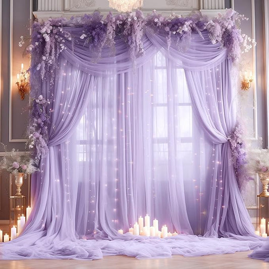 20ft x 10ft Purple Backdrop Curtain with Lights String for Parties, Sheer Tulle Wedding Photo Backdrops Drapes for Baby Shower Birthday Party Decorations Background for Photography
