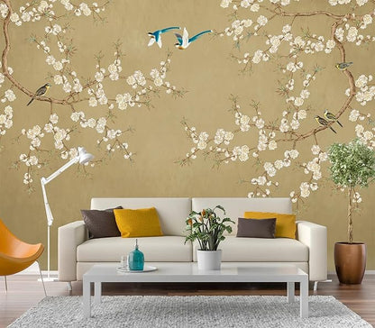 Eierme-Beautiful Background China Art. Flower with Bird Mural Wallpaper Peel and Stick 90" x 67"