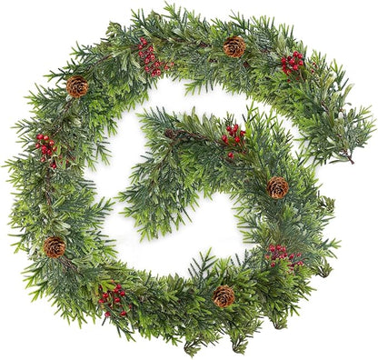 6FT Christmas Garland – Artificial Norfolk Pine Olive Garland with Red Berries, Pinecones & 20 Warm LED Timer Lights – Holiday Garland for Home, Wedding, Party Decorations
