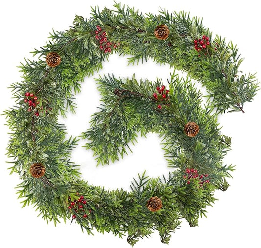6FT Christmas Garland – Artificial Norfolk Pine Olive Garland with Red Berries, Pinecones & 20 Warm LED Timer Lights – Holiday Garland for Home, Wedding, Party Decorations