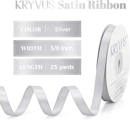Silver Satin Ribbon, Double Faced 3/8 Inch X 25 Yards Silver Ribbon, Premium Satin Ribbon for Gift Wrapping, Crafts, Hair Bow Making, Sewing, Flower Bouquet, Wedding Party Decor