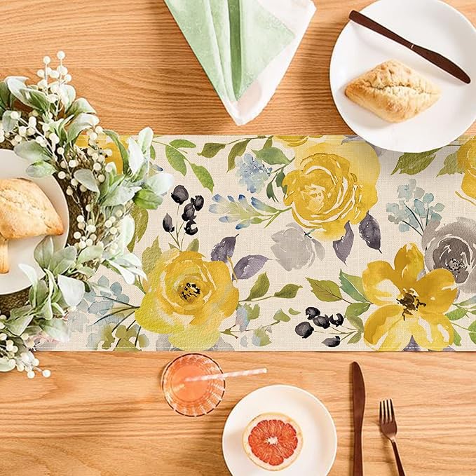 Seliem Spring Yellow Floral Flowers Table Runner, Rose Peony Watercolor Kitchen Dining Table Decor, Seasonal Summer Burlap Home Decoration Indoor Outdoor Party Supply 13 x 72 Inches