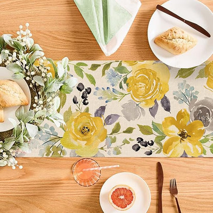 Seliem Spring Yellow Floral Flowers Table Runner, Rose Peony Watercolor Kitchen Dining Table Decor, Seasonal Summer Burlap Home Decoration Indoor Outdoor Party Supply 13 x 72 Inches