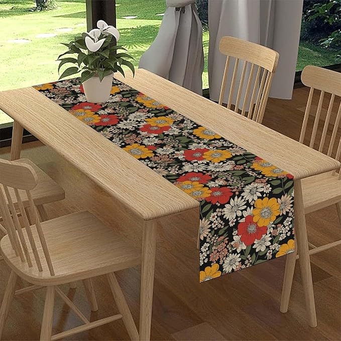 Boho Floral Table Runner, Colorful Vintage Flower Bohemian Floral Print Table Decor for Home Kitchen Dining Patio Holiday Party Indoor Outdoor Table Decorations 13x90 inch